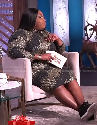 Loni’s black and gold embellished sweater dress on The Real