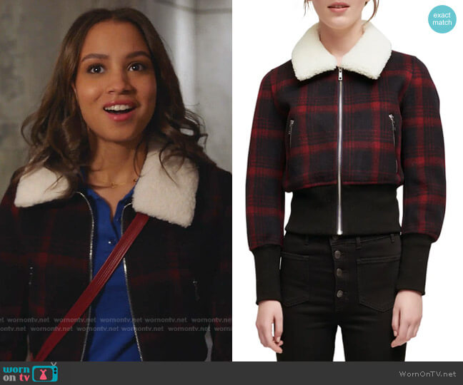  Bloppane Plaid Wool Blend Bomber Jacket with Faux Fur Collar by Maje worn by May Grant (Corinne Massiah) on 9-1-1