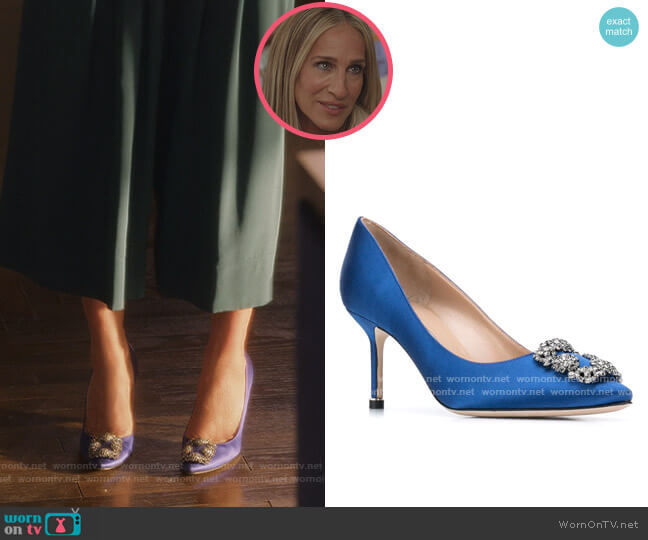 Hangisi 105 Embellished Satin Pumps by Manolo Blahnik worn by Carrie Bradshaw (Sarah Jessica Parker) on And Just Like That
