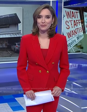 Margaret’s red blazer and front slit pants on CBS Evening News