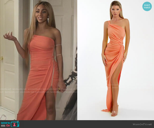 7069 One Shoulder Gown in Orange by Mario Pucci worn by Patience (Chelsea Tavares) on All American
