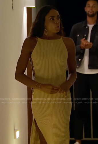 Michelle’s beige ribbed ring-side detail dress on The Bachelorette