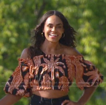 Michelle’s black printed off shoulder top on The Bachelorette