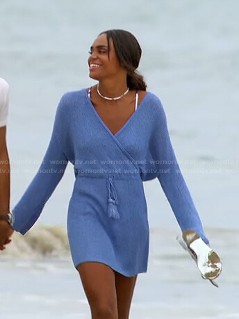 Michelle's tie dye bikini and blue wrap dress on The Bachelorette