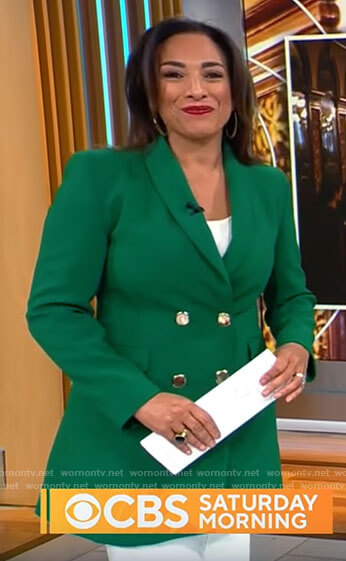 Michelle Miller’s green blazer with gold buttons on CBS Saturday Morning