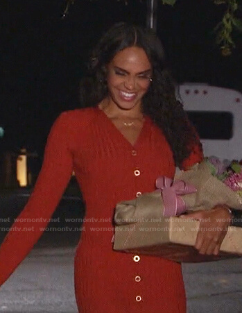 Michelle’s red ribbed button front dress on The Bachelorette