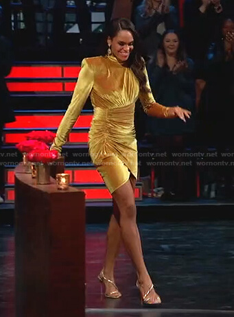 Michelle's yellow ruched velvet mini dress on The Bachelorette