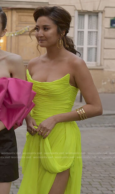 Mindy’s neon strapless dress on Emily in Paris
