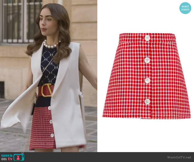 Tweed Buttoned Mini Skirt by Miu Miu worn by Emily Cooper (Lily Collins) on Emily in Paris