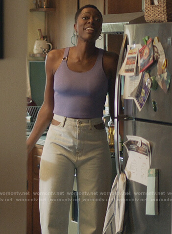 Molly’s purple ring embellished tank and cutout jeans on Insecure