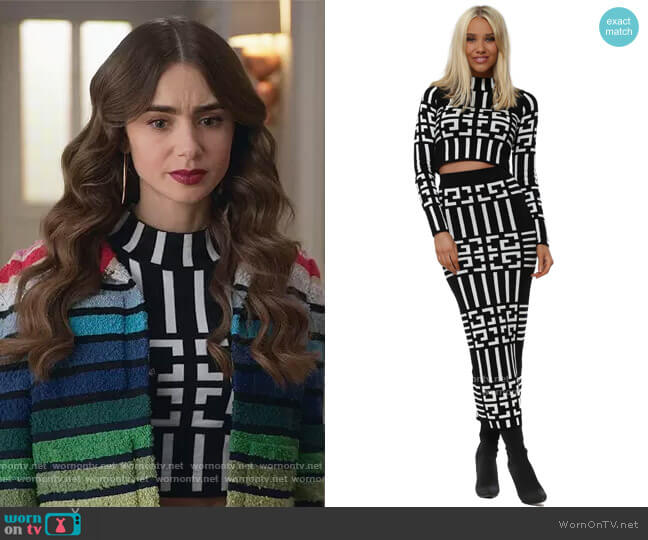 Black and White Printed Top by Mooci worn by Emily Cooper (Lily Collins) on Emily in Paris