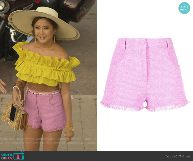 Fringed-edge Tweed Shorts by MSGM worn by Mindy Chen (Ashley Park) on Emily in Paris