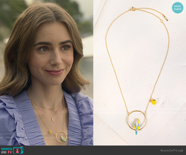 Blue Budgerigar Necklace by Olivolga worn by Emily Cooper (Lily Collins) on Emily in Paris