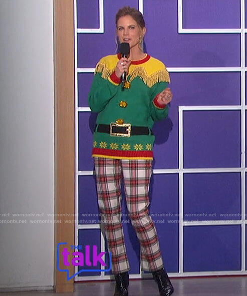 Natalie's green elf Christmas sweater and pants on The Talk