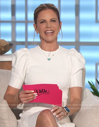 Natalie’s white puff sleeve mini dress on The Talk