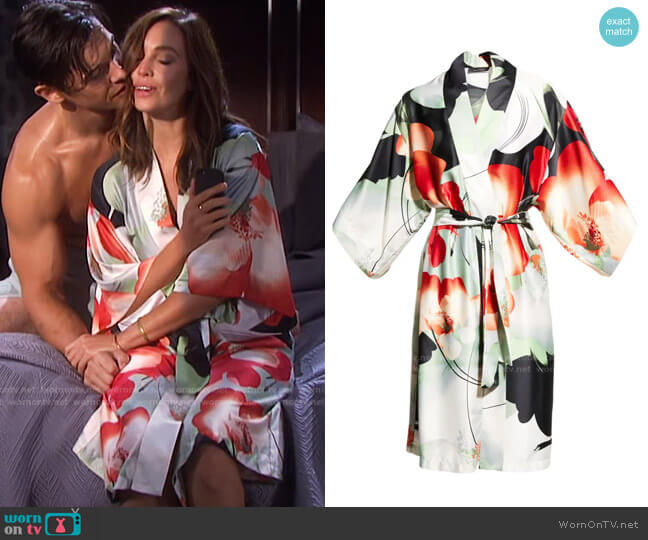 Exotic Poppy Floral-Print Satin Robe by Natori worn by Gwen Rizczech (Emily O'Brien) on Days of our Lives