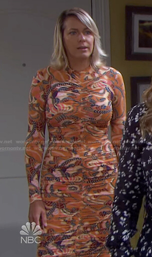 Nicole’s orange printed ruched dress on Days of our Lives