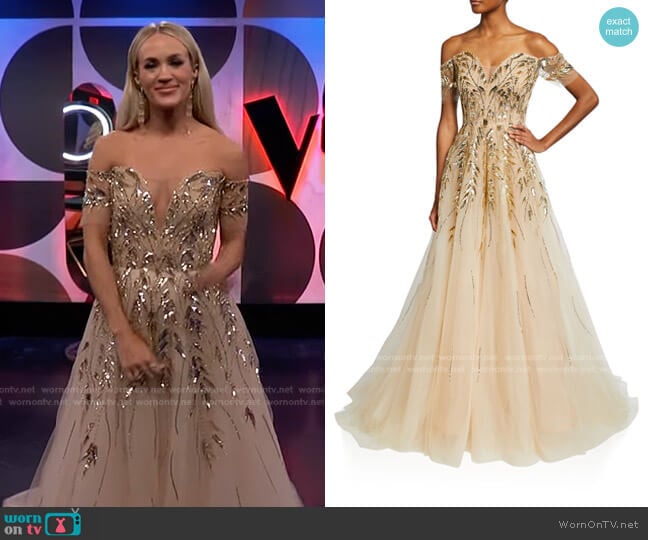 Sequin-Embellished Off-The-Shoulder Tulle Gown by Pamella Roland worn by Carrie Underwood on The Voice