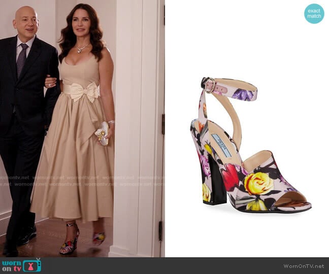 Prada Duchesse Little Flowers Sandals worn by Charlotte York (Kristin Davis) on And Just Like That