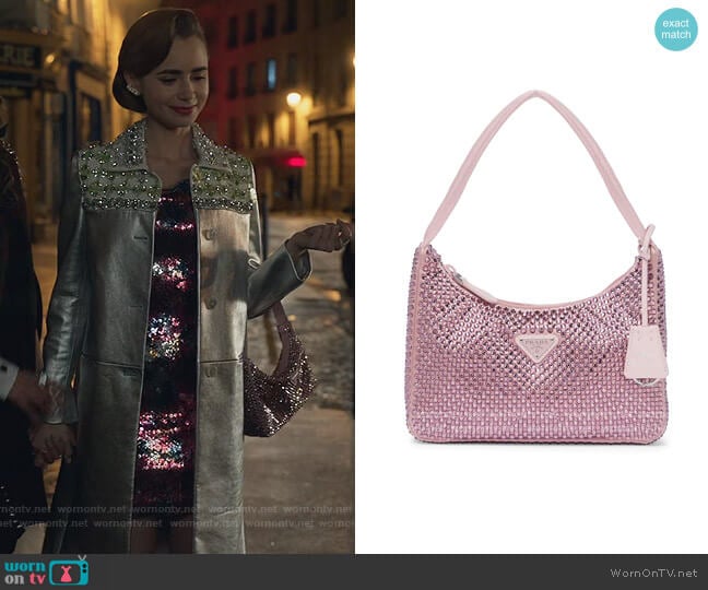Re-Edition 2000 embellished shoulder bag by Prada worn by Emily Cooper (Lily Collins) on Emily in Paris