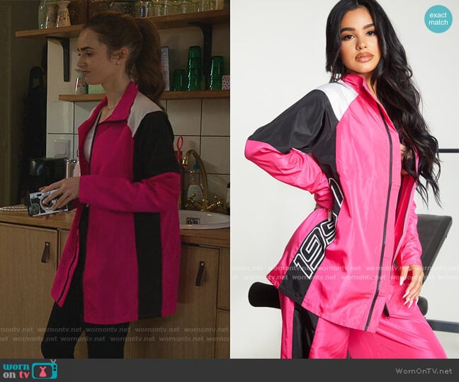 Nylon 1997 Oversized Sports Jacket by Pretty Little Thing worn by Emily Cooper (Lily Collins) on Emily in Paris