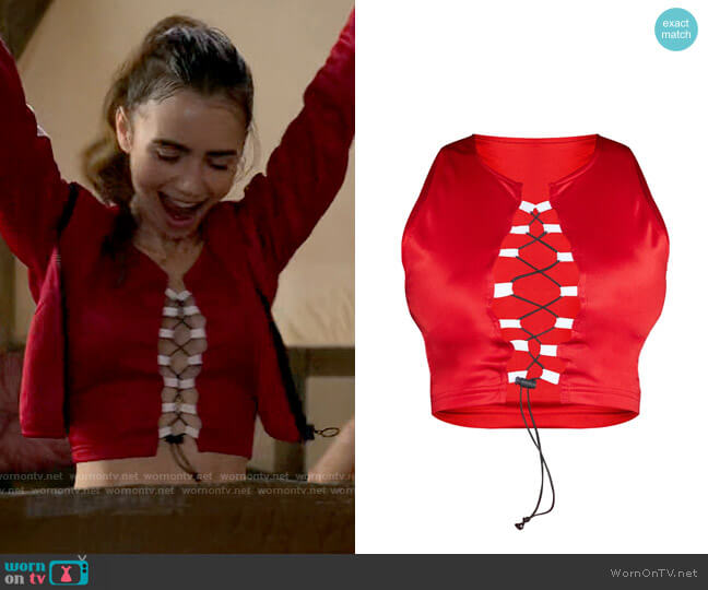 Pretty Little Thing Red Lace Up Crop Top worn by Emily Cooper (Lily Collins) on Emily in Paris