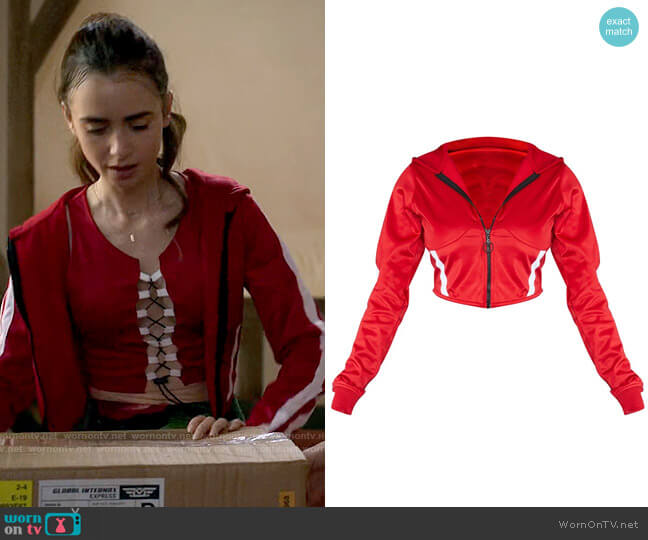 Pretty Little Thing Red Zip Sports Stripe Crop Hoodie worn by Emily Cooper (Lily Collins) on Emily in Paris
