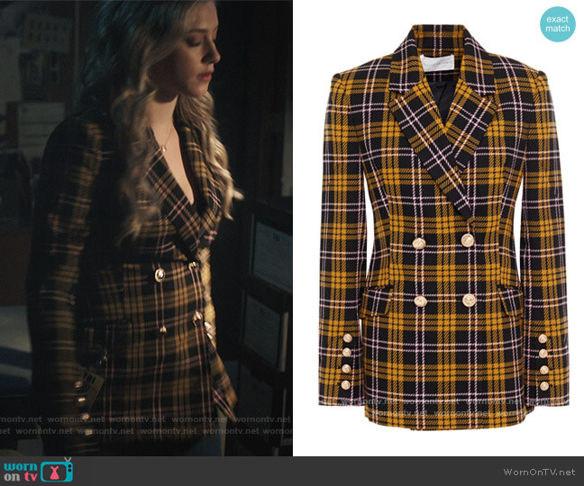 Chateau double-breasted checked jacquard blazer by Rebecca Vallance worn by Betty Cooper (Lili Reinhart) on Riverdale