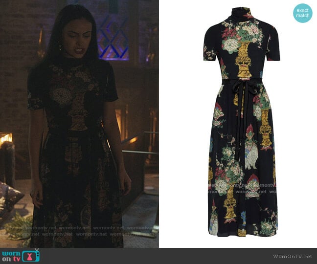 Belted printed silk crepe de chine turtleneck midi dress by Red Valentino worn by Veronica Lodge (Camila Mendes) on Riverdale