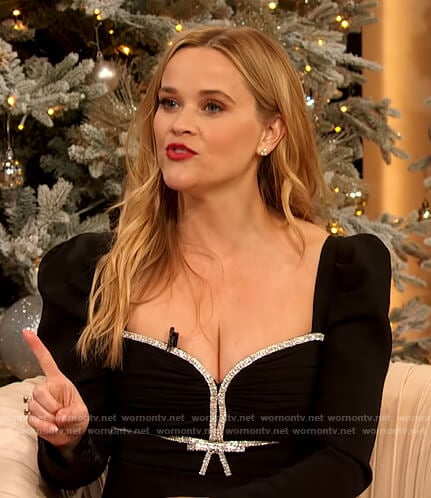 Reese Witherspoon’s black embellished trim dress on The Drew Barrymore Show