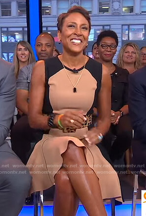 Robin’s beige and black colorblock dress on Good Morning America