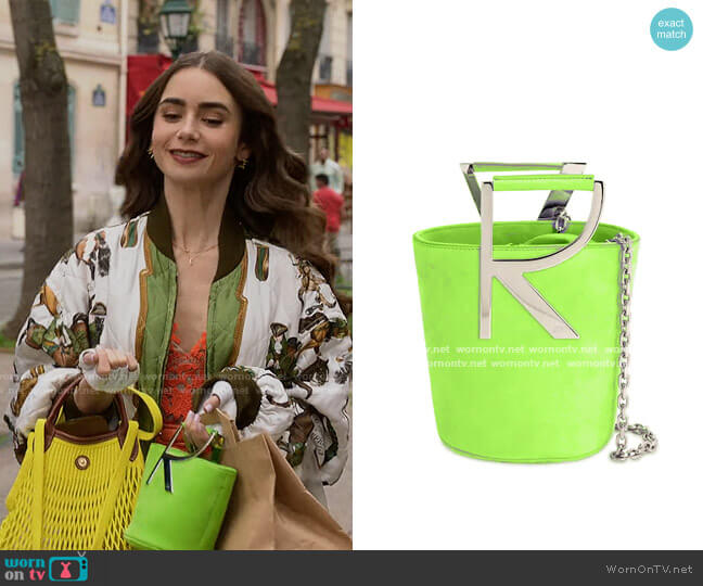 Roger Vivier Mini Leather Bucket Bag worn by Emily Cooper (Lily Collins) on Emily in Paris