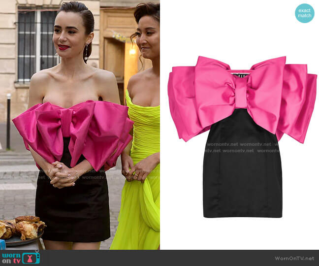Rotate Birger Christensen Natalie Strapless Bow Dress worn by Emily Cooper (Lily Collins) on Emily in Paris