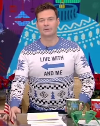 Ryan’s blue and white printed sweater on Live with Kelly and Ryan