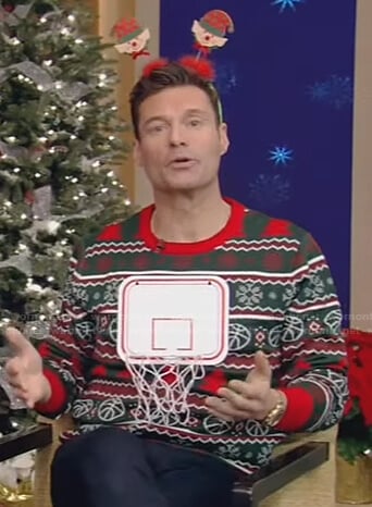 Tipsy Elves Naughty or Nice Ugly Christmas Sweater worn by Ryan Seacrest as  seen in LIVE with Kelly and Ryan on December 16, 2022