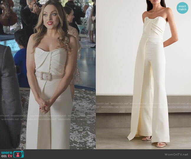 Layered strapless crepe jumpsuit by Safiyaa worn by Fallon Carrington (Elizabeth Gillies) on Dynasty