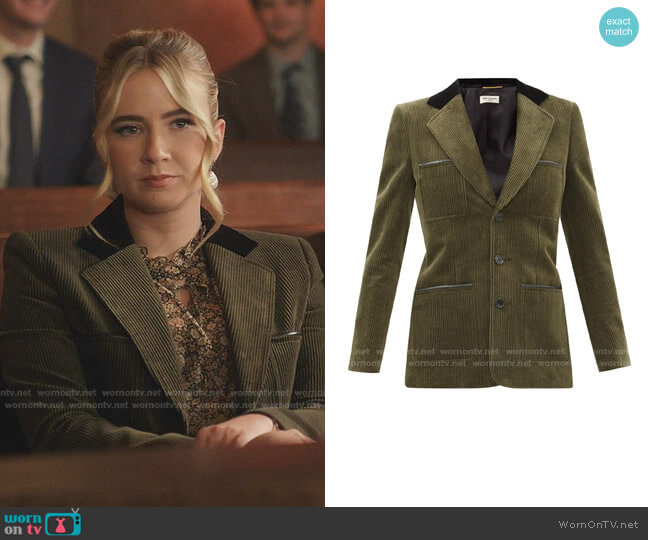 Leather-Trimmed Corduroy Jacket by Saint Lauren worn by Amanda Carrington (Eliza Bennett) on Dynasty