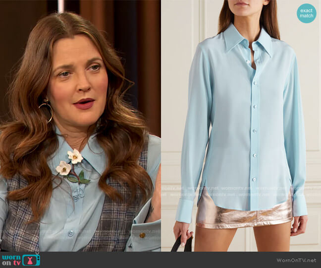 Silk Crepe Shirt by Saint Laurent worn by Drew Barrymore  on The Drew Barrymore Show