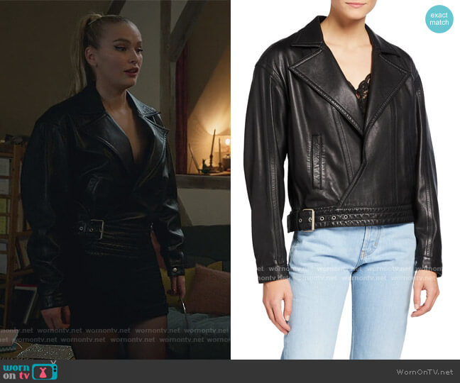 Black Leather Oversized Motorcycle Jacket by Saint Laurent worn by Camille (Camille Razat) on Emily in Paris