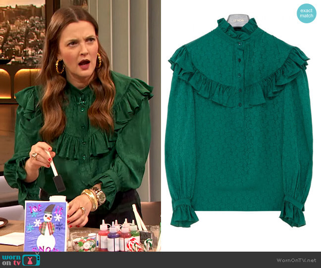 Ruffled Silk Blouse by Saint Laurent worn by Drew Barrymore  on The Drew Barrymore Show