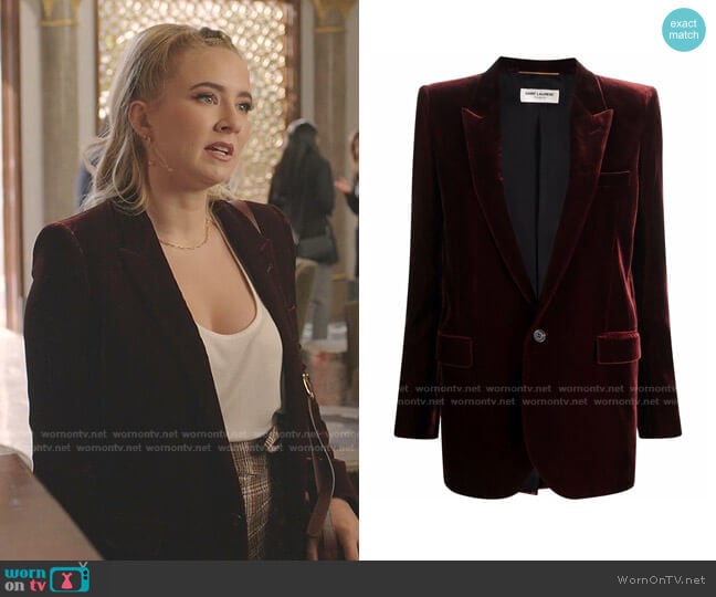 Velvet blazer by Saint Laurent worn by Amanda Carrington (Eliza Bennett) on Dynasty