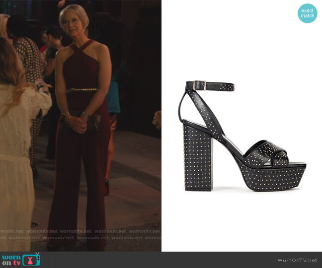 Studded leather platform sandals by Saint Laurent worn by Miranda Hobbs (Cynthia Nixon) on And Just Like That