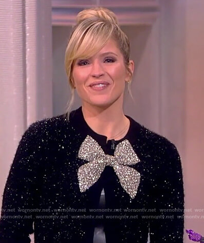 Sara’s black metallic bow embellished sweater on The View