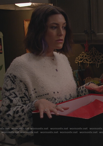 Sara's white printed knit sweater on Home Economics