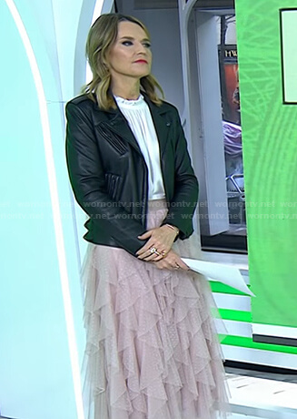 Savannah’s black moto jacket and pink tiered Tulle skirt on Today