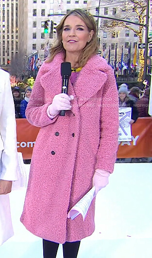 Savannah’s pink double breasted teddy coat on Today