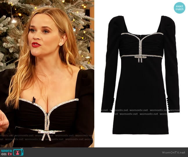 Crystal-embellished crepe mini dress by Self Portrait worn by Reese Witherspoon on The Drew Barrymore Show