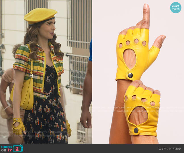 Emily Glove in Taxi Yellow by Seymoure worn by Emily Cooper (Lily Collins) on Emily in Paris