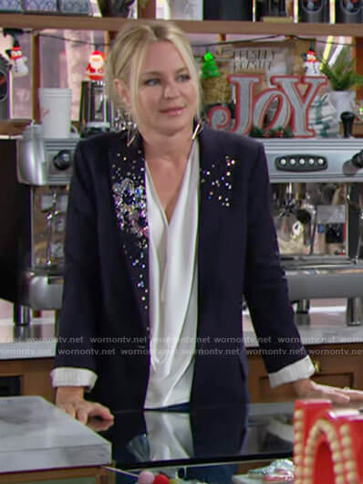 Sharon’s blazer with floral embellished lapel on The Young and the Restless
