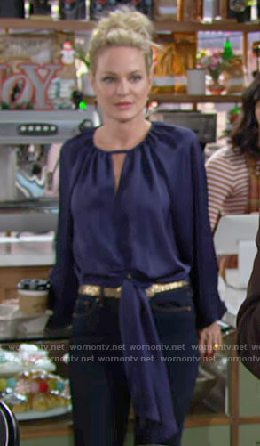 Sharon’s blue tie front blouse on The Young and the Restless